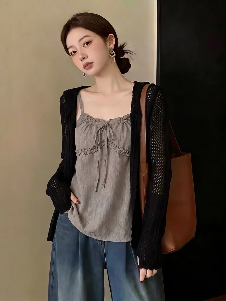 Cafe Au Lait Doll Shirt Strap Hollow out Sun Protection Outerwear Women's Summer New Large Size Fat MM Top Two-Piece Set