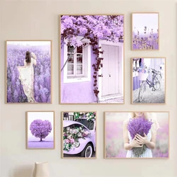 Purple Tree Flower Girl Lavender Wall Art Poster Printing Door Bicycle Car Canvas Painting Nordic Living Room Decoration Picture
