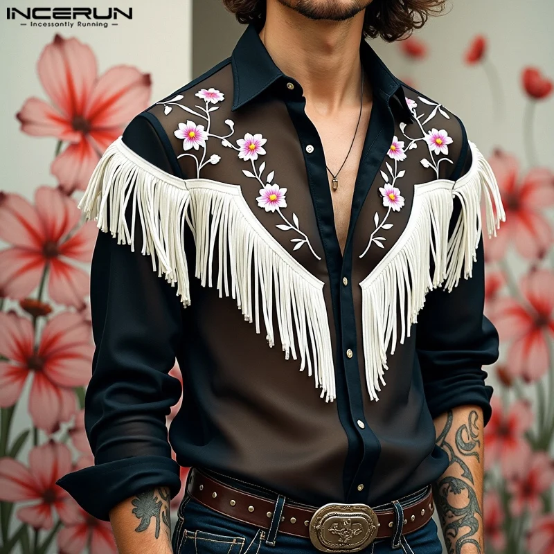 2024 Handsome Casual Long Sleeve Shirts INCERUN Men Loose Turn Down Collar Tassel Blouses Fashion Printing Lace Splicing Tops