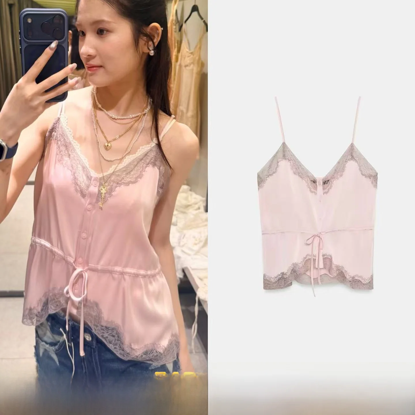 Summer Women's Loose Lace Trim Silk Satin Feel Strapless Crop Top V-neck Single Button Closure Pure Color Short Length
