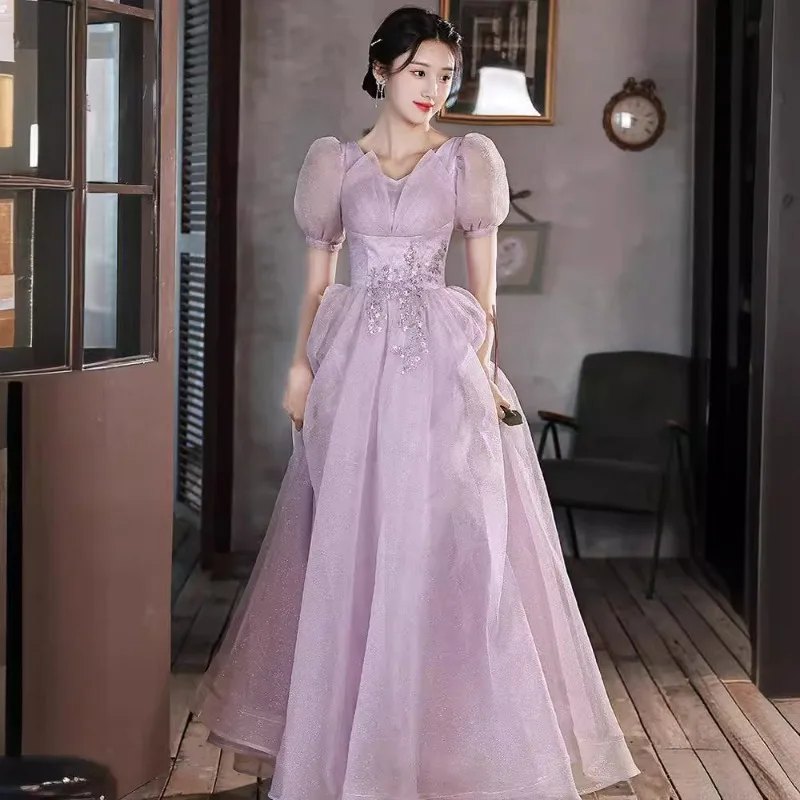 2025 Women's New Mesh Sexy V-neck Sparkling Evening Dress Fashionable Slimming Princess Sleeve Banquet President's Dress