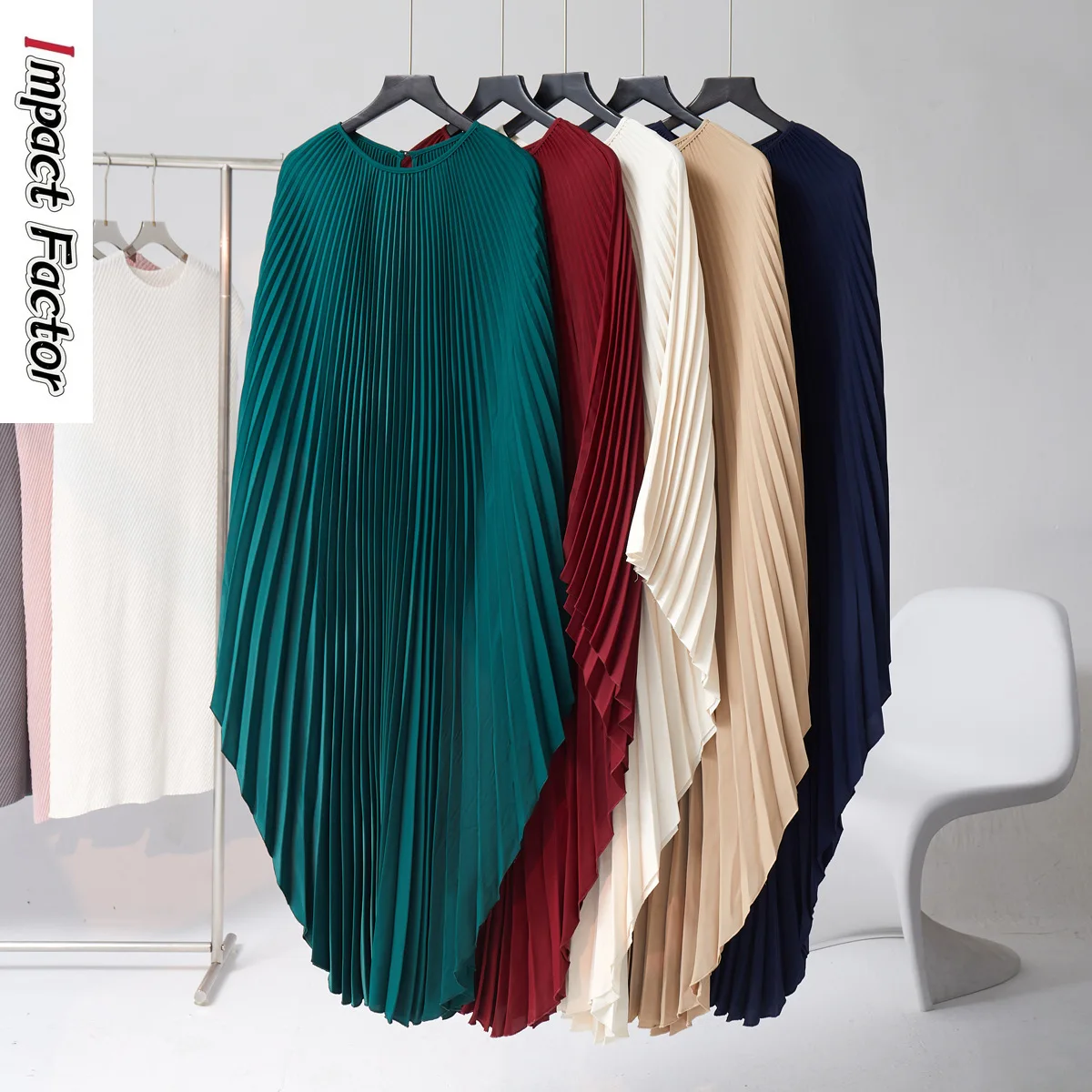 

2024 Spring and Autumn Season Pleated Skirt Women's Three House Pleated Bat Sleeves Loose Covering Meat Pleated Long Skirt