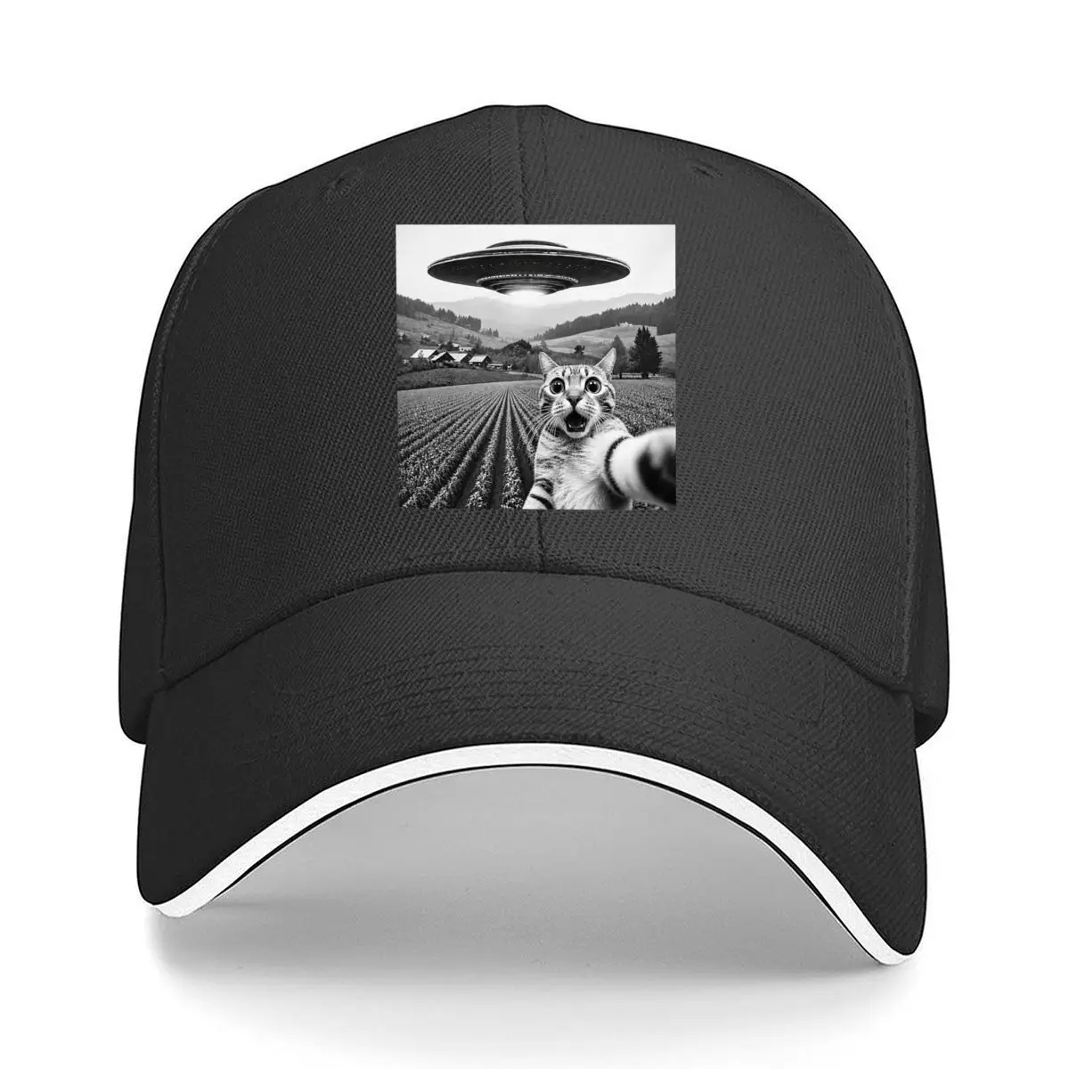 Surprised Cat Selfie Under UFO Farm Landscape Hip Hop hat Fashion Outdoor Sports Sandwich Baseball Cap