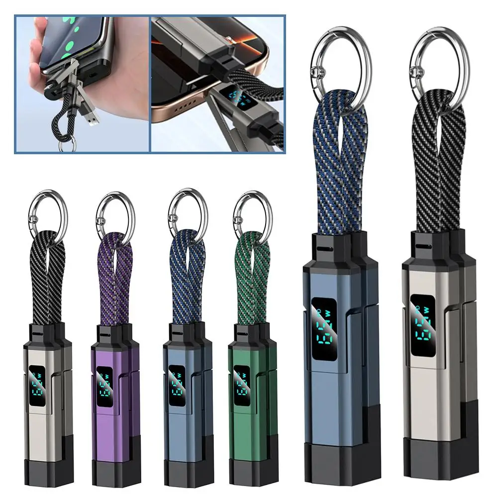 Cabo de carregamento rápido PD portátil de 65W com display digital e chaveiro para iPhone e Huawei, cabo de dados curto tipo C para celular.