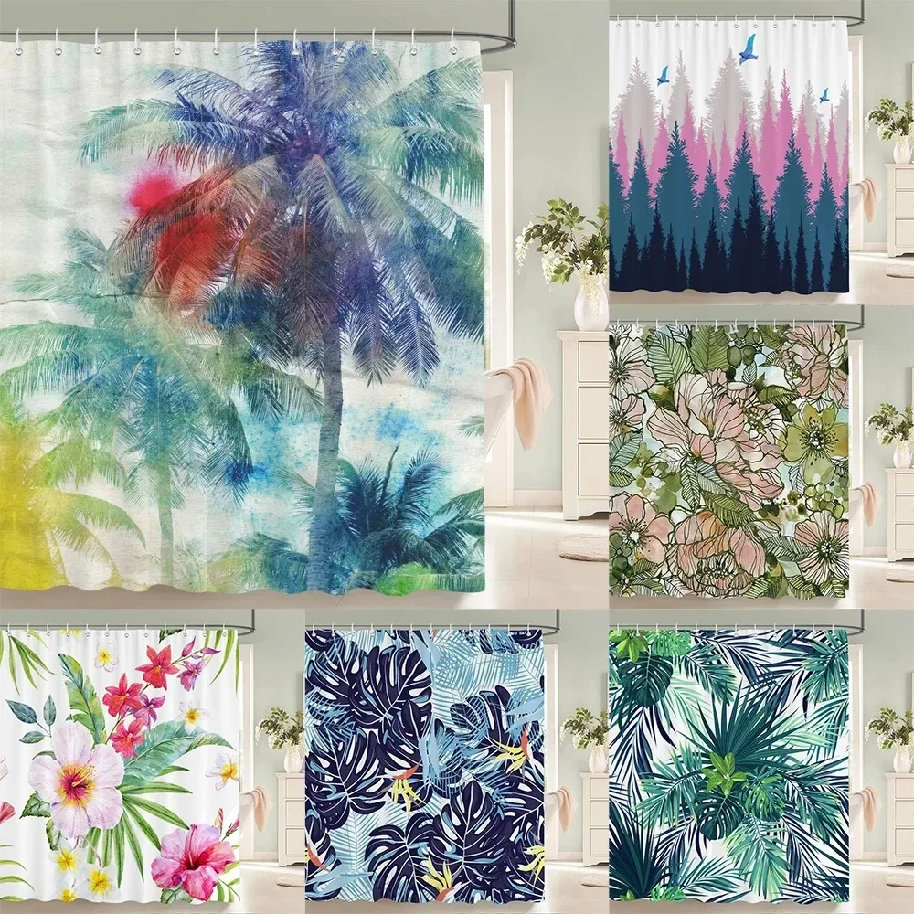 Tree Leaves Pattern Bath Curtain Waterproof Fabric Shower Curtains Flowers Bathtub Screen with Hooks for Bathroom Home Decor