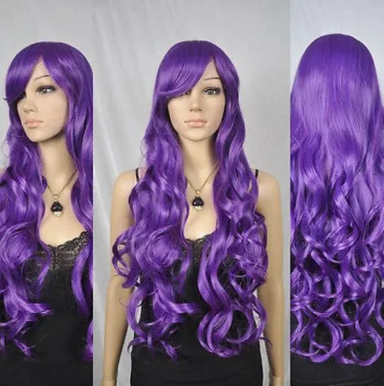 Ondulado Roxo Cosplay Costume Cabelo, Peruca LL, Longo, Resistente ao Calor, Completo, Dia das Bruxas, Festa, Popular, Perucas