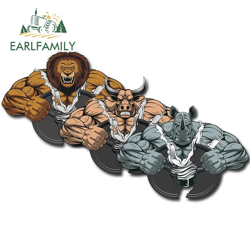 EARLFAMILY 13cm For Strong Ferocious Cow Lion Exercise Car Stickers Vinyl Cartoon Decals Creative Graffiti Car Accessories