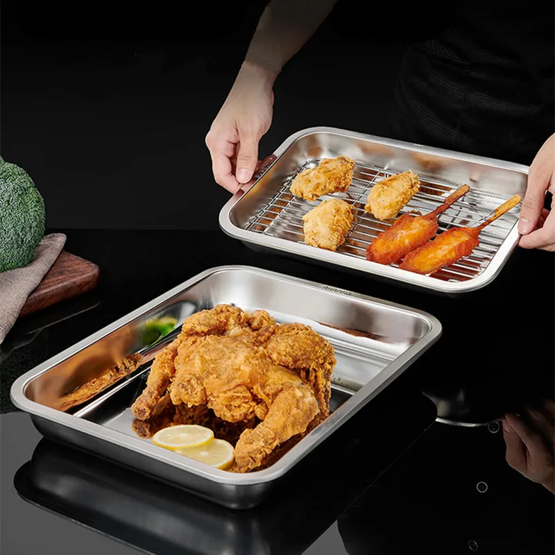 Rectangle Stainless Steel Bakeware BBQ Grid Food Storage Tray Bread Baking Pan Cooling Rack Fruit Pastry Plates Kitchen Utensils