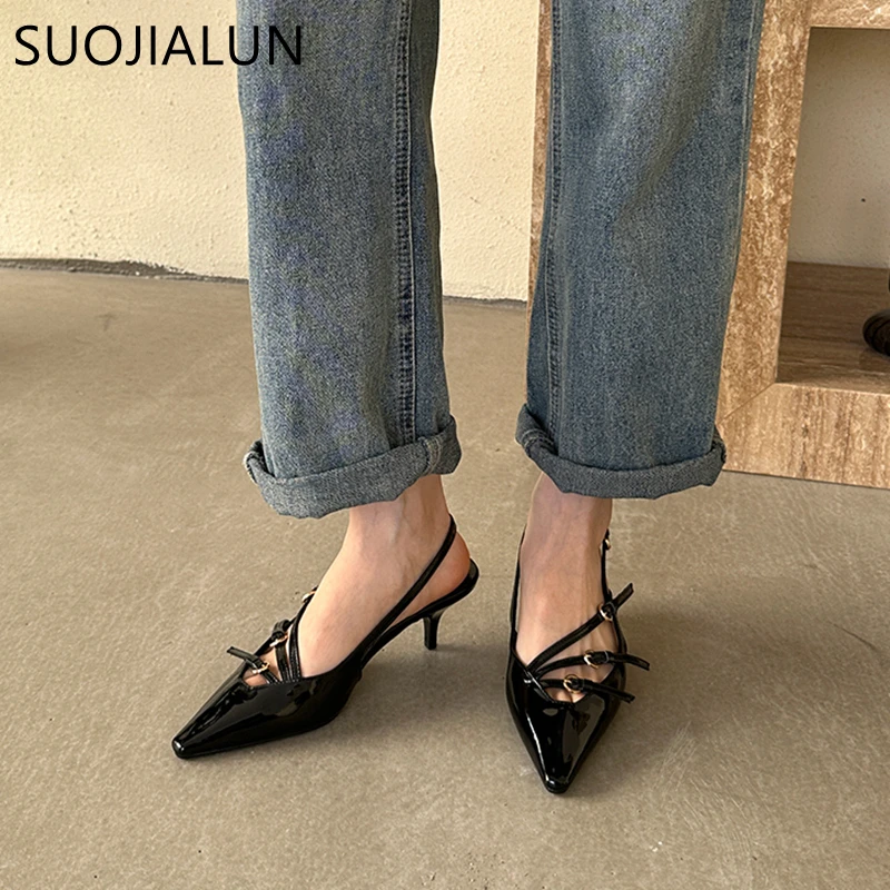 SUOJIALUN 2024 Spring New Brand Women Sandal Fashion Narrow Band Shallow Slip On Slingback Shoes Thin High Heel Dress Sandal Sho