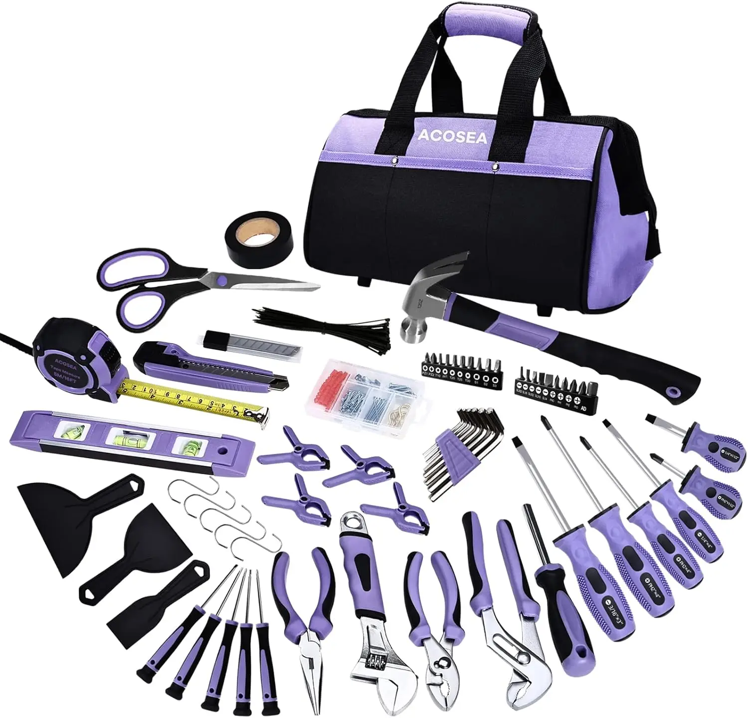

Purple Tool Set,223-Piece Tool Sets for Women,Tool Kit with 13-Inch Wide Mouth Open Purple Tool Bag