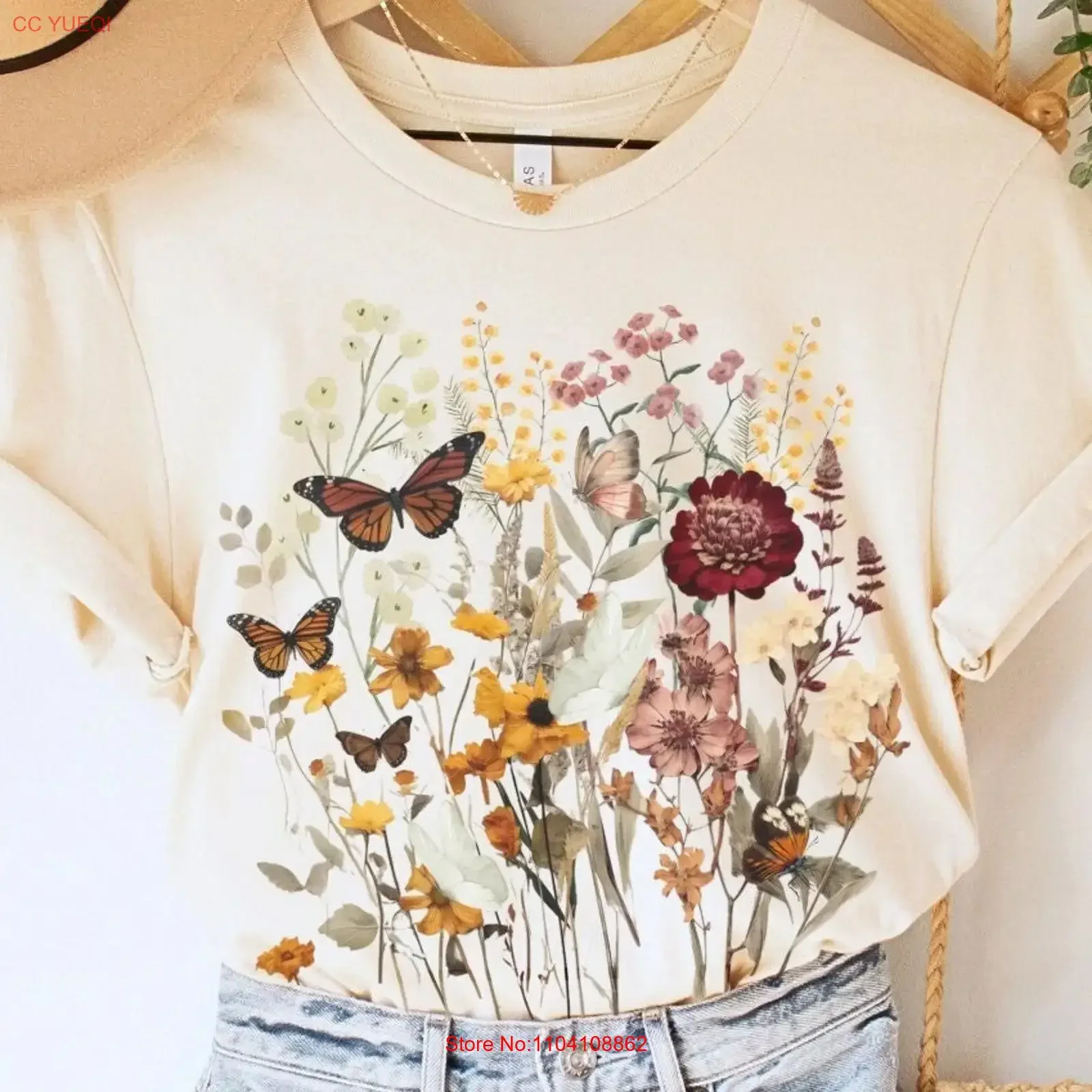 Cottagecore shirt pressed flowers summer cottagcore clothing oversized vintage botanical tee green witch goblincore vintage
