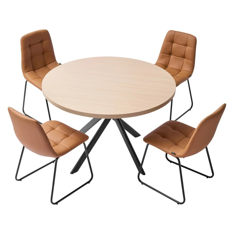 

Set of modern wood tone dining table set PU leather cushion adjustable foot pad
