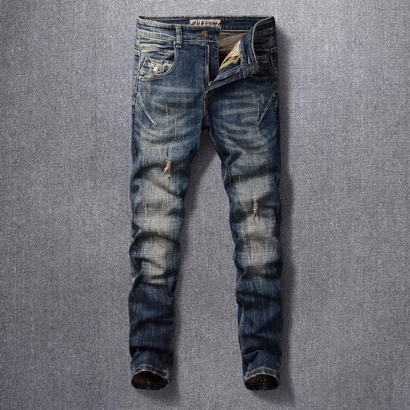 

Fashion Vintage Men Jeans High Quality Retro Washed Blue Stretch Slim Fit Ripped Jeans Men Spliced Designer Denim Pants Hombre