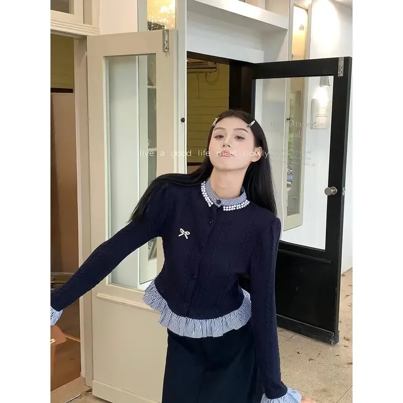 College Style Niche Fake Two-piece Bow Long Sleeved Sweater For Women's Autumn Loose and Slimming Short Knitted Sweater Top