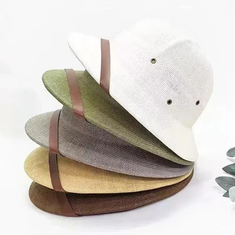 Vintage British Explorer Straw Boater Hat - Unisex Vietnam War Army Style Sun Cap, Jungle Miners Bucket Helmet for Summer Outdoo