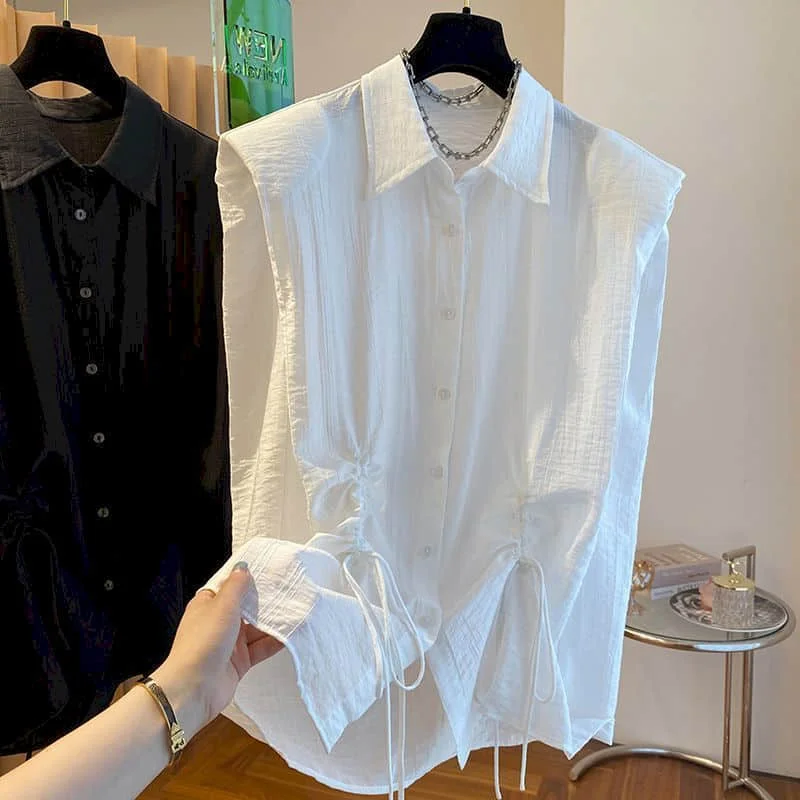 

Elegant Vest Polo-neck Soild Casual Korean Style Sleeveless Cropped Shirts Summer Sale Drawstring Design Tops Women Clothing