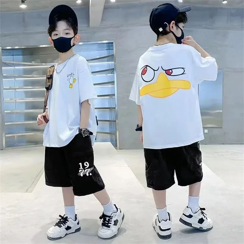 2024 Summer Kids Streetwear Interest Cartoon Print T Shirt 100% Cotton Tops Tees Children Short Sleeve Boys Girls Clothes