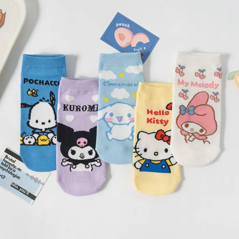 5 pares de calcetines Kawaii Sanrio de alta calidad para mujer, calcetines informales novedosos y bonitos de dibujos animados para mujer