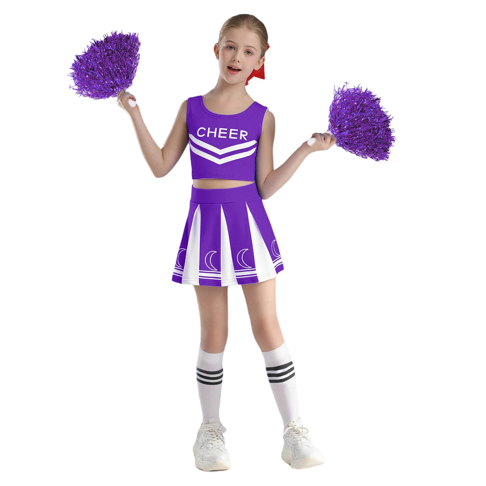 Kids Girls Cheerleading Dance Outfit Sleeveless Letter Print Crop Top+Pleated Skirt+2Pcs Flower Balls+1 Pair Socks Streetwear