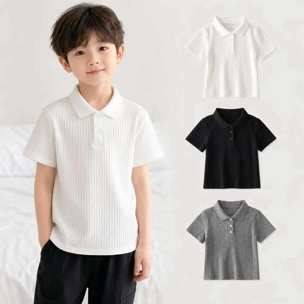 Korean Style Casual Short Sleeve T-Shirt Solid Color Breathable Lapel Collared Tees Slim Fit Ribbed Slim Tops Summer Wear