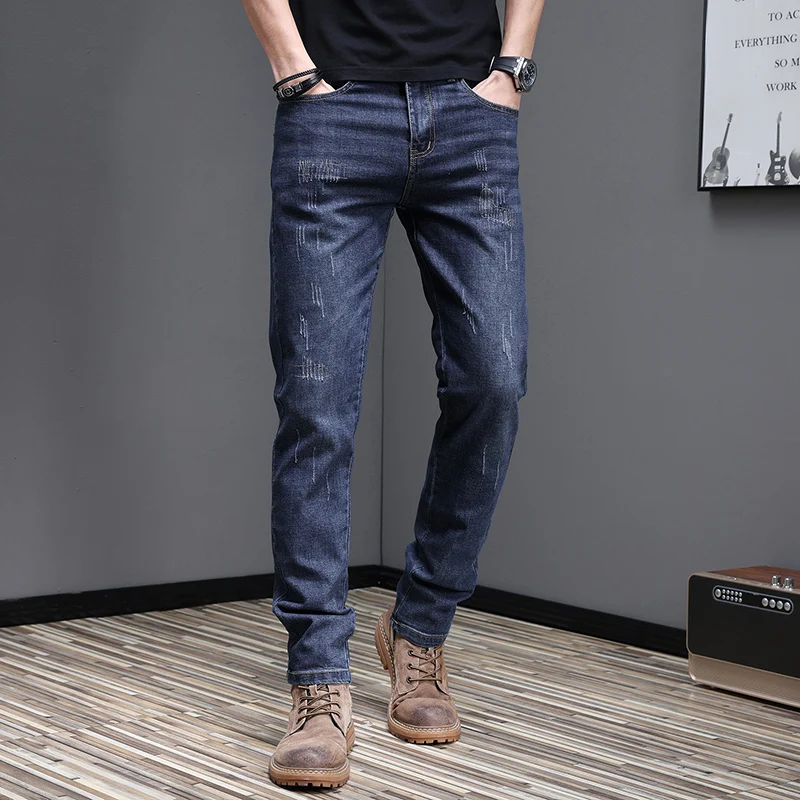 

Vintage Elasticity Men's Jeans Trend Slim Straight Versatile Denim Trousers Korean Printing Fashion High Street Casual Pants New