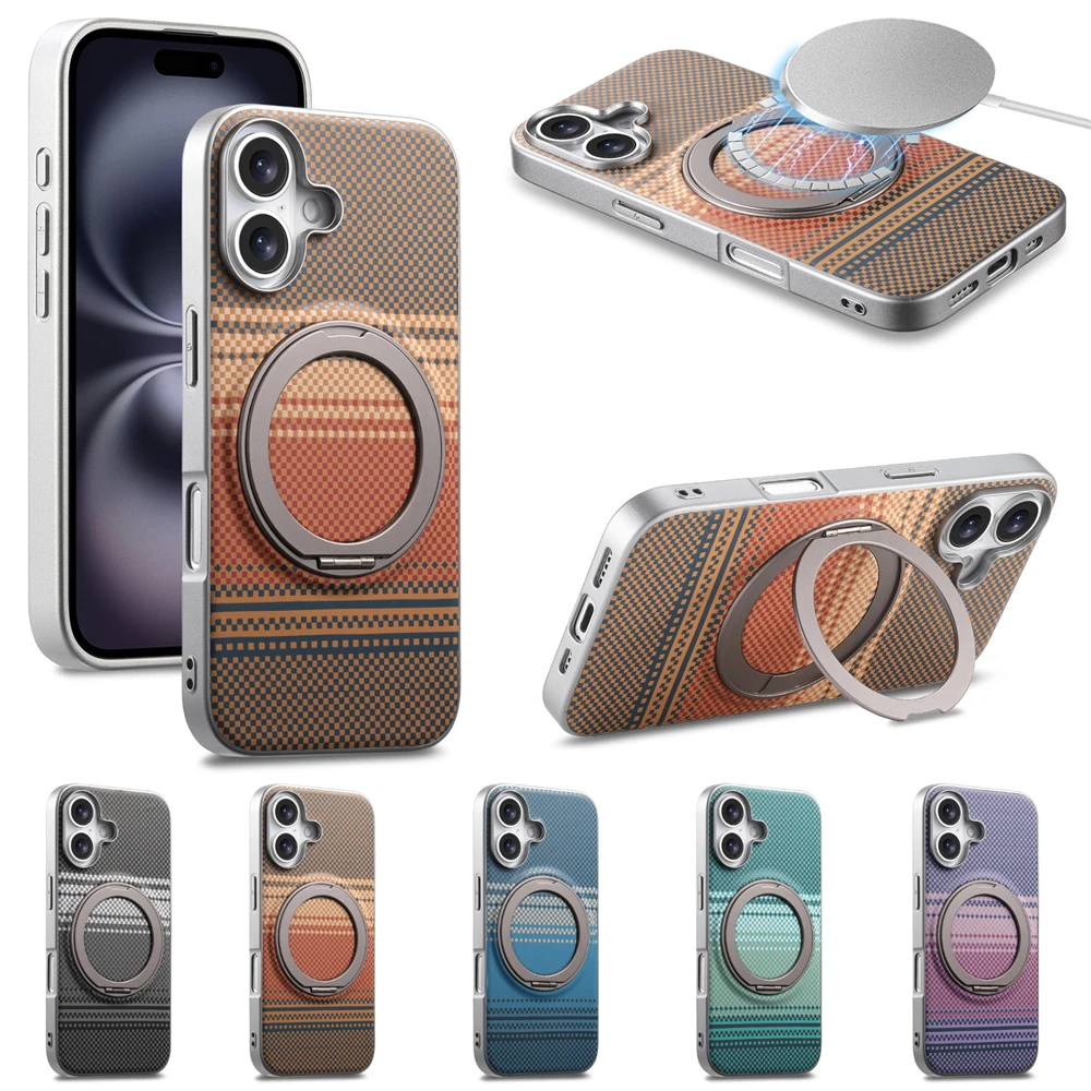 

Чехол для телефона из кевларового волокна с магнитным креплением и вращением на 360° для iPhone 17, 16, 15 Plus, 14, 13 Pro Max, 17 Air, 16E – защитный чехол-подставка