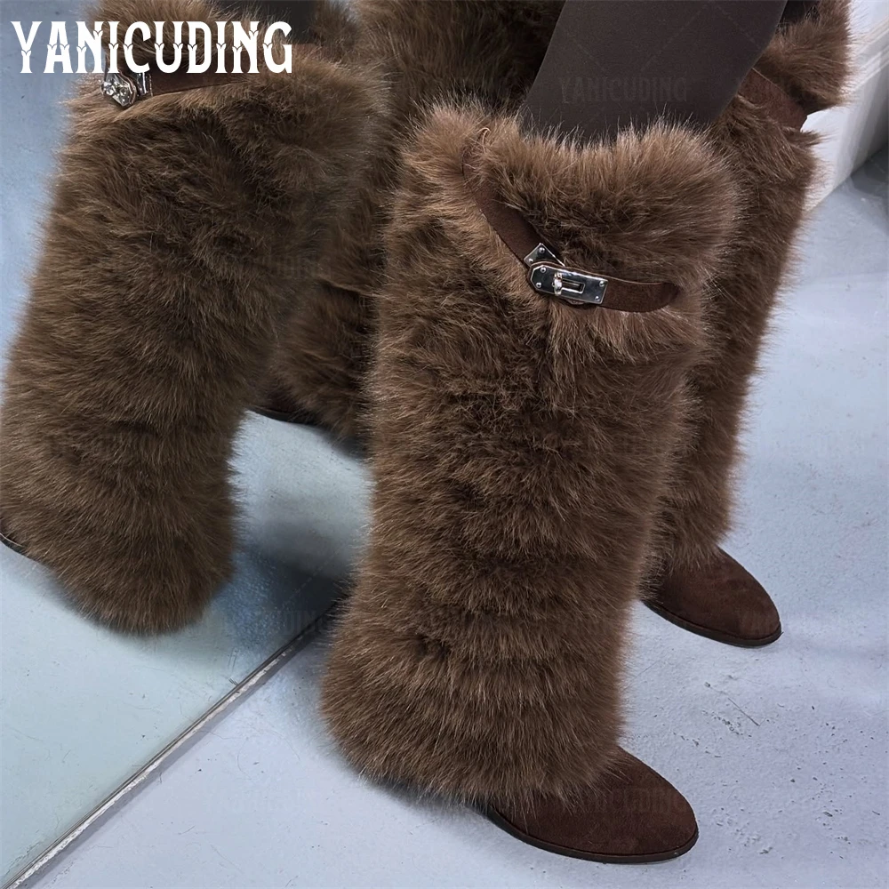 Luxurious Brown Fur Knee Boots Sliver Metallic Lock Suede Boots Designer Style Winter Warm Boots Women's Custom Color Fur Boots