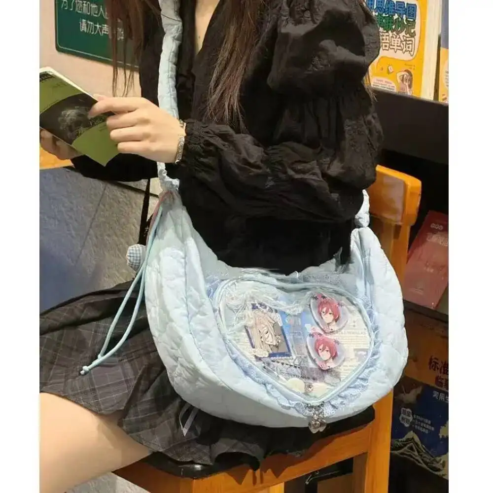 Bloom Heart Transparent Ita Handbag Women Japanese Lace Soft Casual Crossbody Bags Female Sweet Cute Messenger Bag Y2k