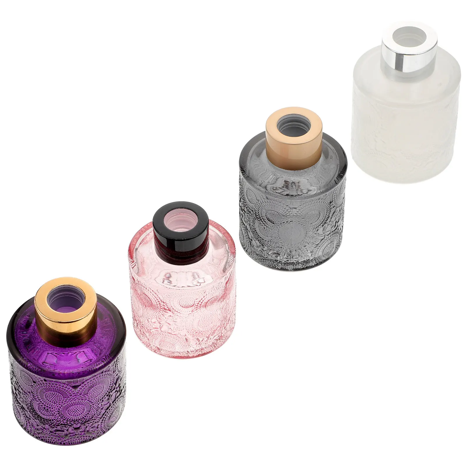 

4Pcs Embossed Glass Perfume Bottles Aroma Diffuser Containers Wide Mouth Empty Bottles for Bedroom Living Room Decoration and