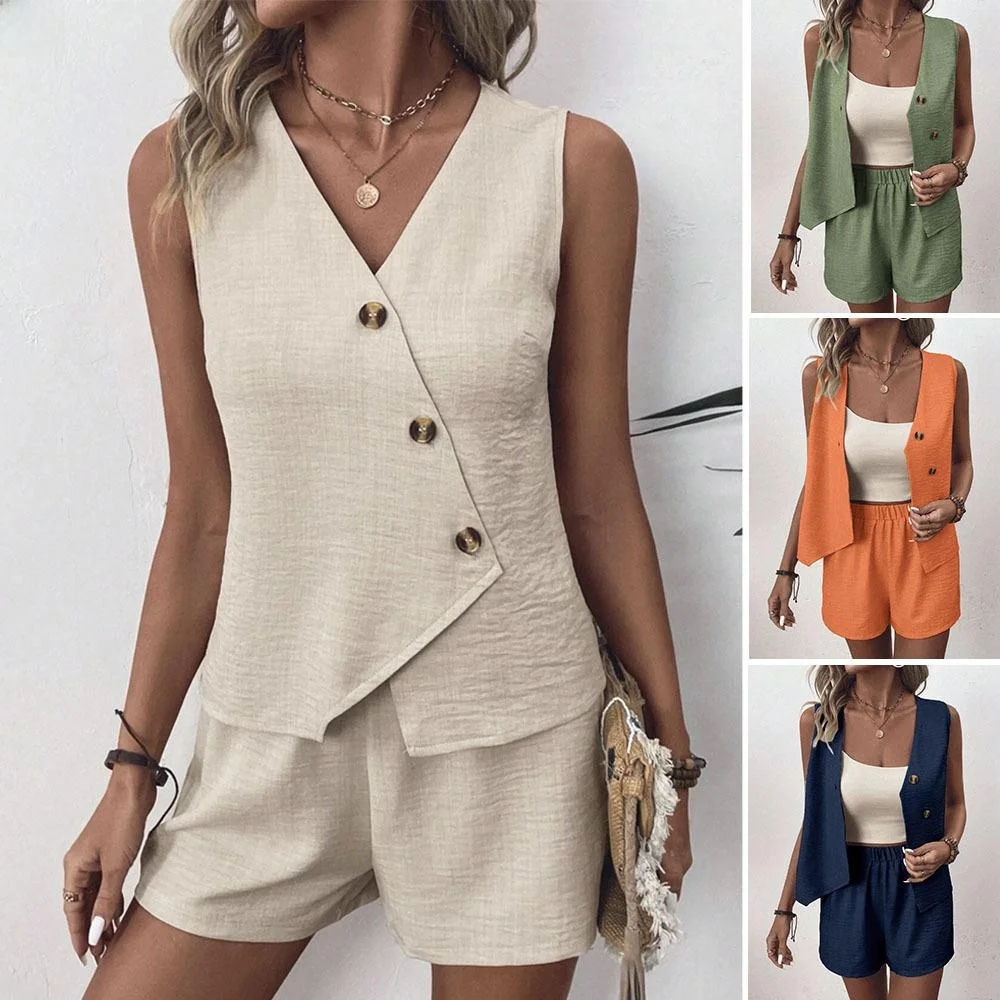 

Women's Fashion Three-Piece Set Collar Vest Shorts Ensemble Winter Commute Style Color Sleeveless Outfit