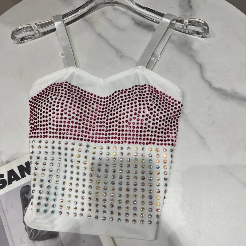 Autumn 2023 New Fashion Ladies Chest Pad Camisole Hot Drilling Design Full Particle Rhinestones Crop Top Female Slimming Tanks