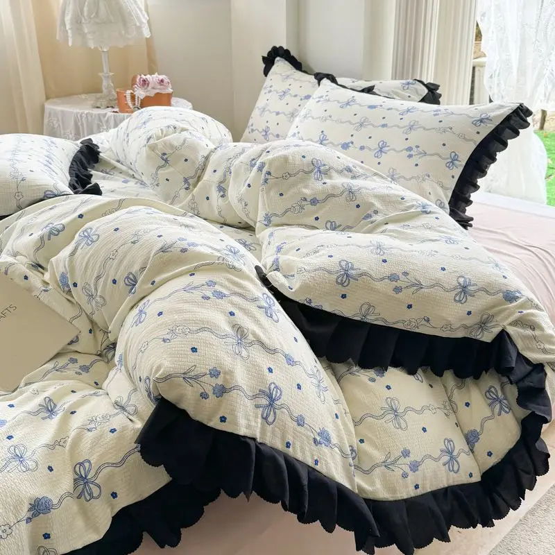 Instagram Korean style small fresh blue bow lace four piece set, washed bubble cotton quilt cover, bed sheet, 3-piece set