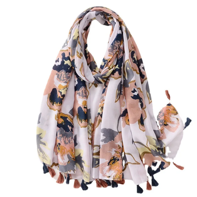 Fashion Women Ombre Flower Print Tassel Scarf Shawls LongFloral Pattern Muslim Foulard Wrap Hijab Muffler 4 Color