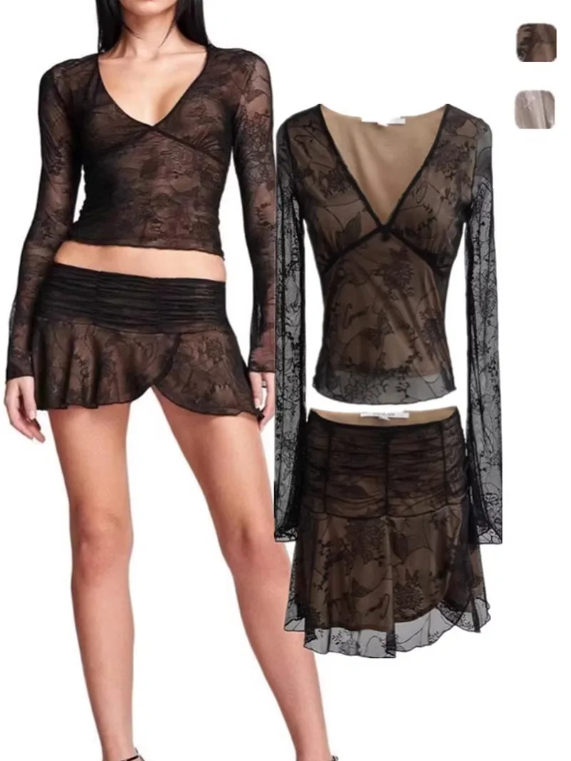 

Pure Desire Сексуальный низкий вырез V Ne Long Sve Топ с высокой талией Bodycon Плиссированная юбка Me Кружевной прозрачный комплект сращивания