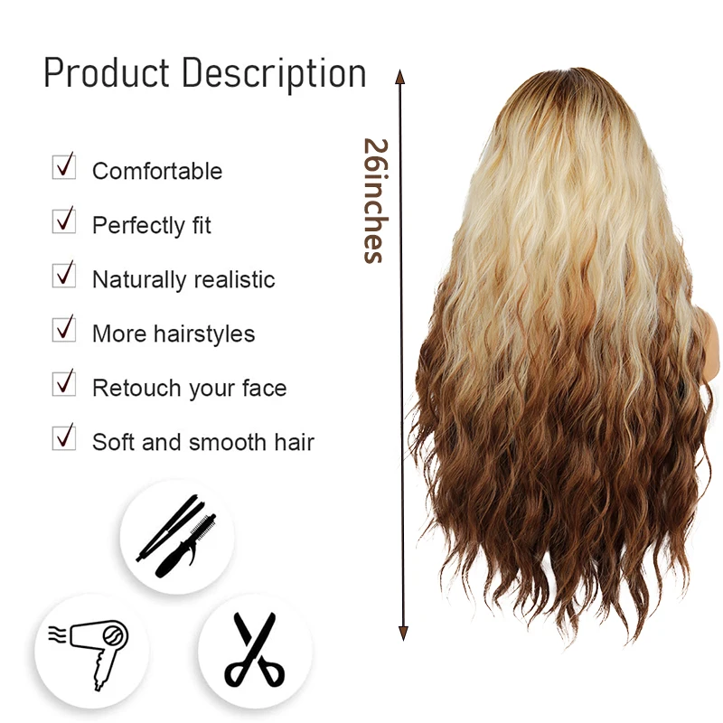 Ombre Brown Blonde 26Inch Long Wavy Curly Wig with Bangs Heat Resistant Synthetic Natural Looking Wig For Women Daily Wear Party