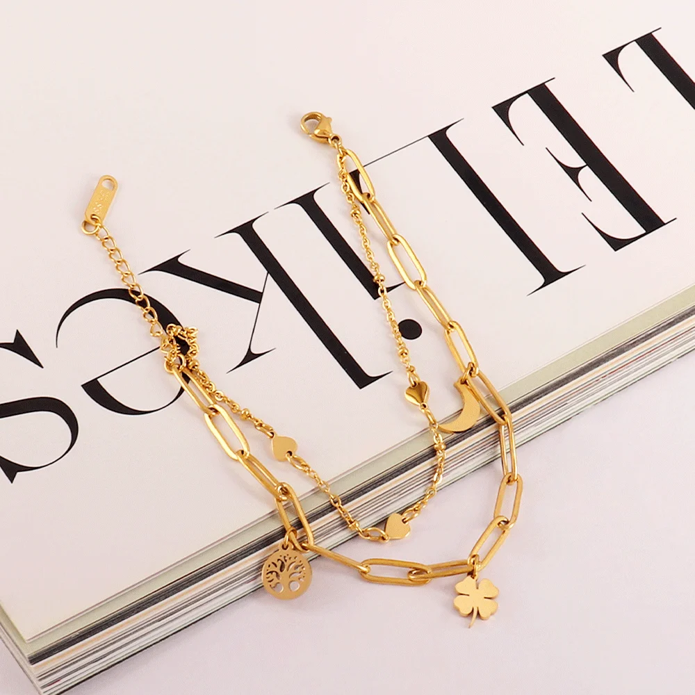 316L Stainless Steel Clover Bracelet For Women Bohemian Moon Double Layer Chain Bracelets Jewelry Gift