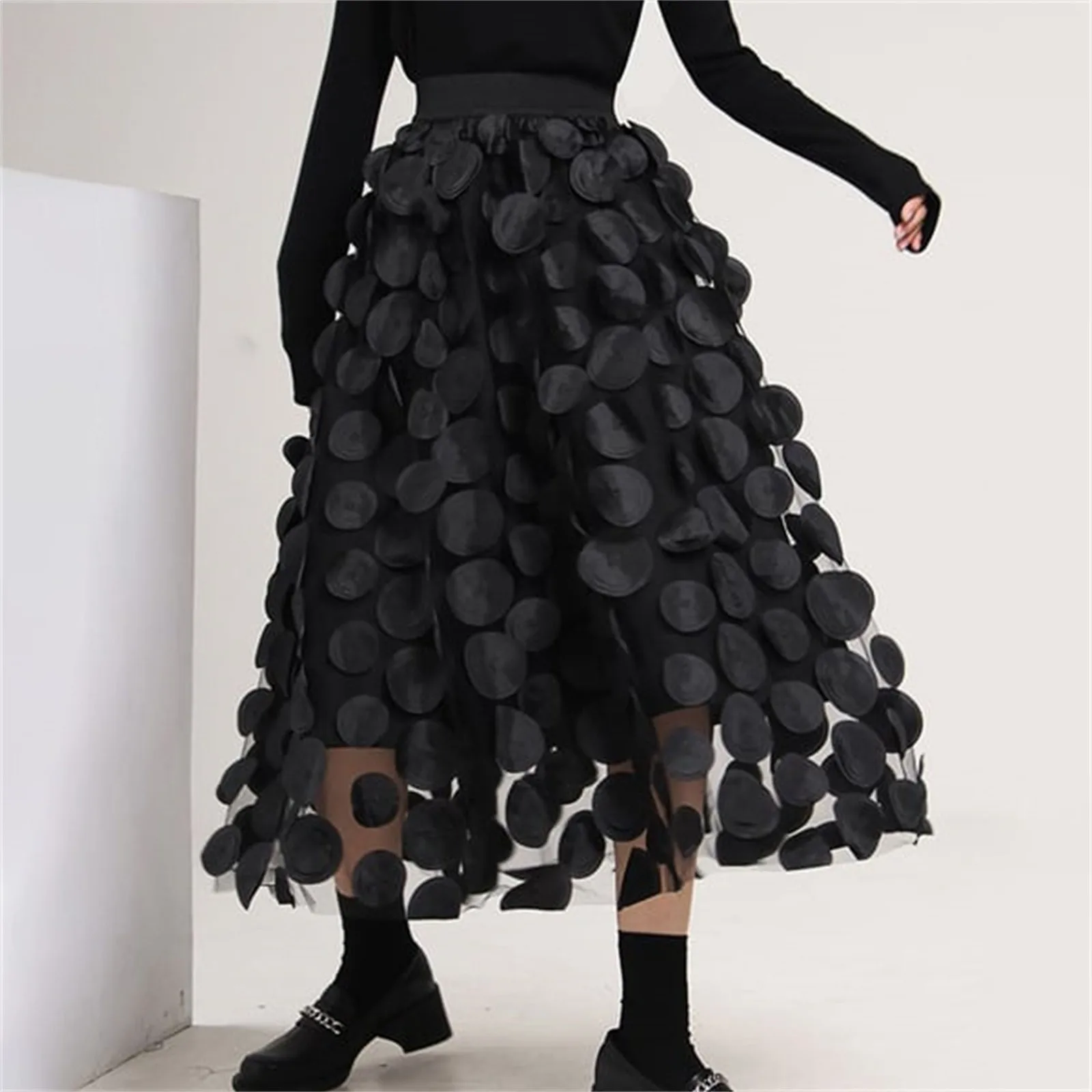 

Women's Fashion Black Round Piece Half Skirt Solid Colour High Waist Long A Line Skirt Casual Loose Versatile Half Body Skirt