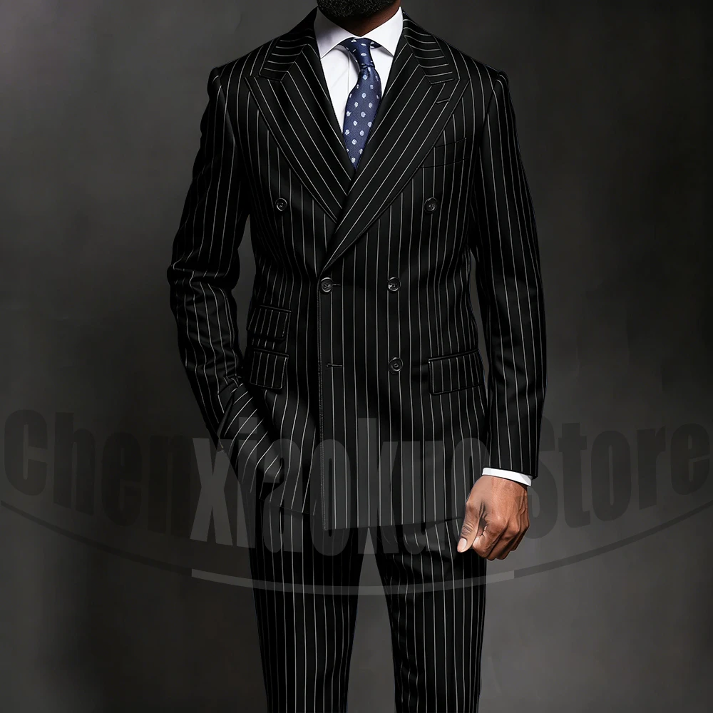 Navy Blue Pinstripe Men Suits Fashion Double Breasted Peak Lapel Wear Business Casual Wedding Groom 2 Piece Costume Homme - view 4
