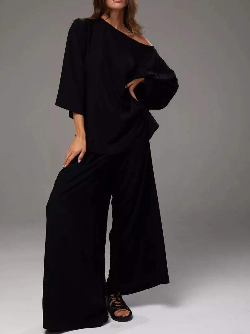 2025 خريف جديد مزاجه التنقل المرأة الدعاوى المألوف بلون كم طويل بلوزات فضفاضة بناطيل كاجوال قطعتين مجموعة