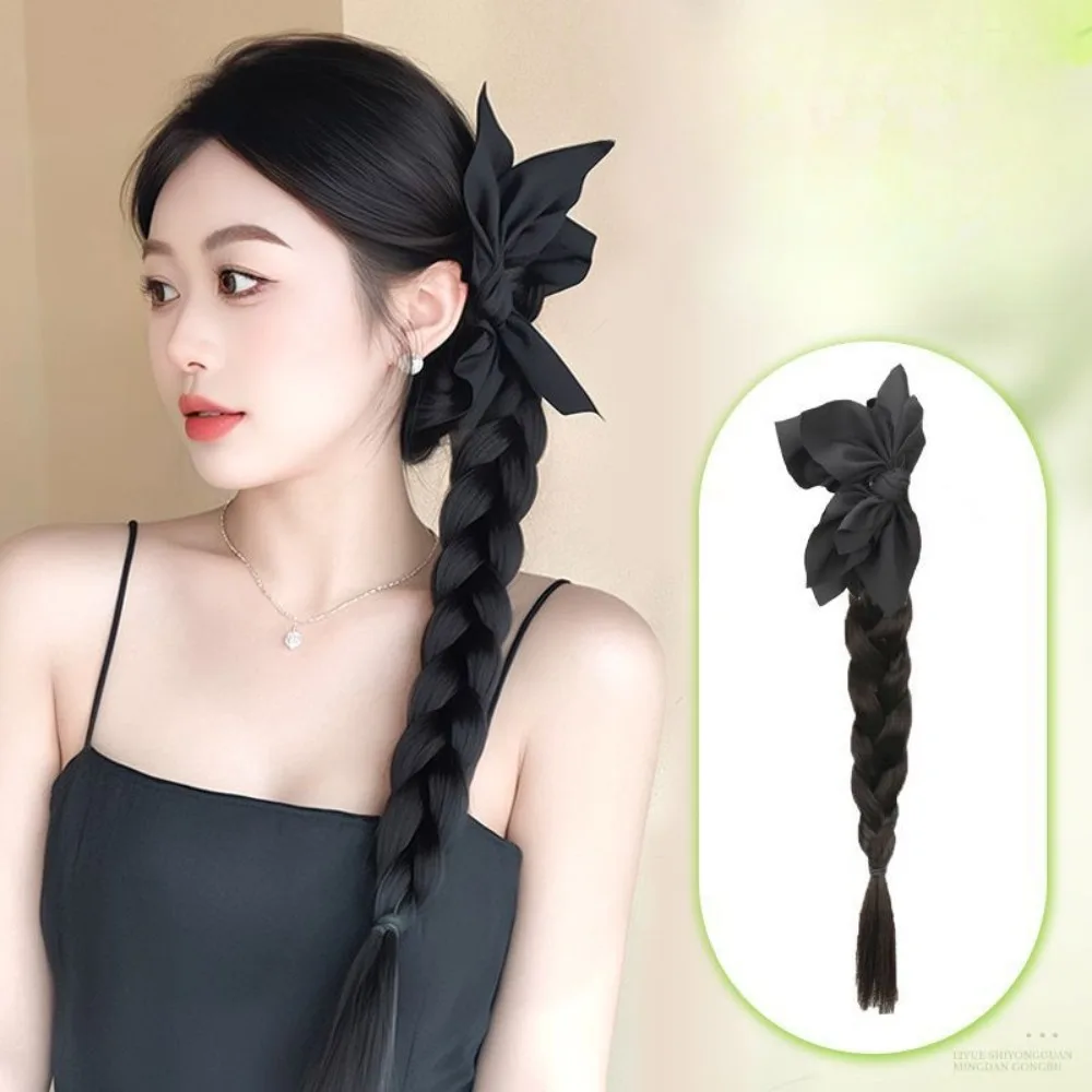 Elegant Women synthetic Black Bowknot Clip Ponytail Wig Natural Simulation DIY Braided Hair Extension