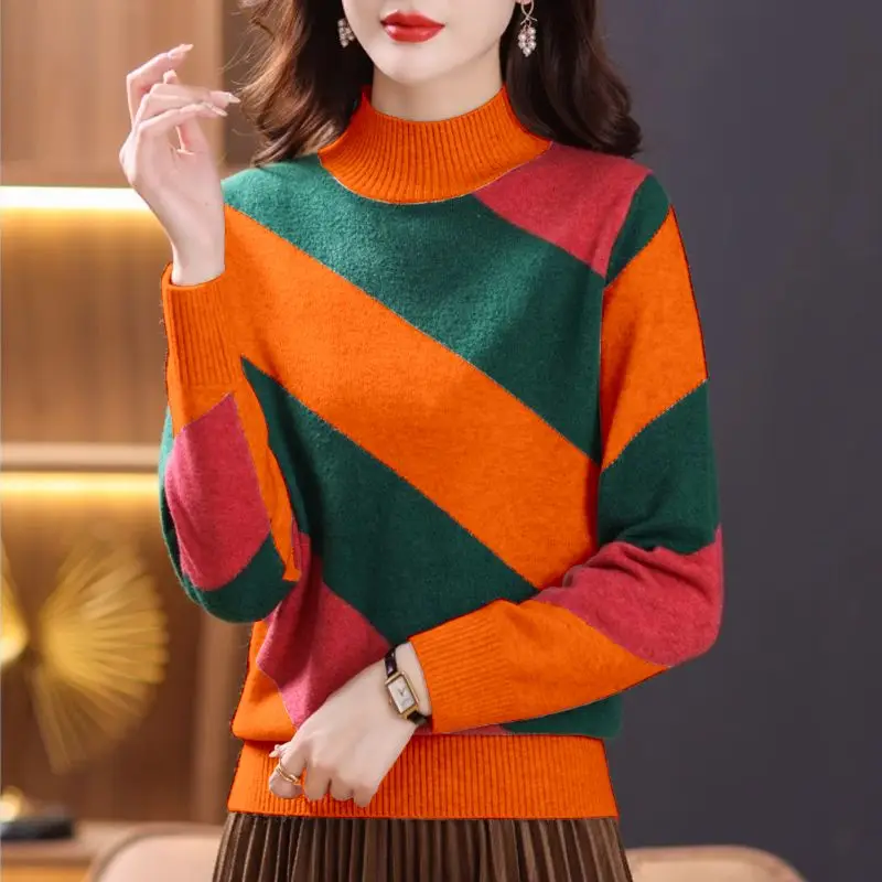 Autumn Winter Clothes 2023 New Fashionable Straight Wide Striped Long Sleeve Top Korean Half High Neck Short Sweater for Women