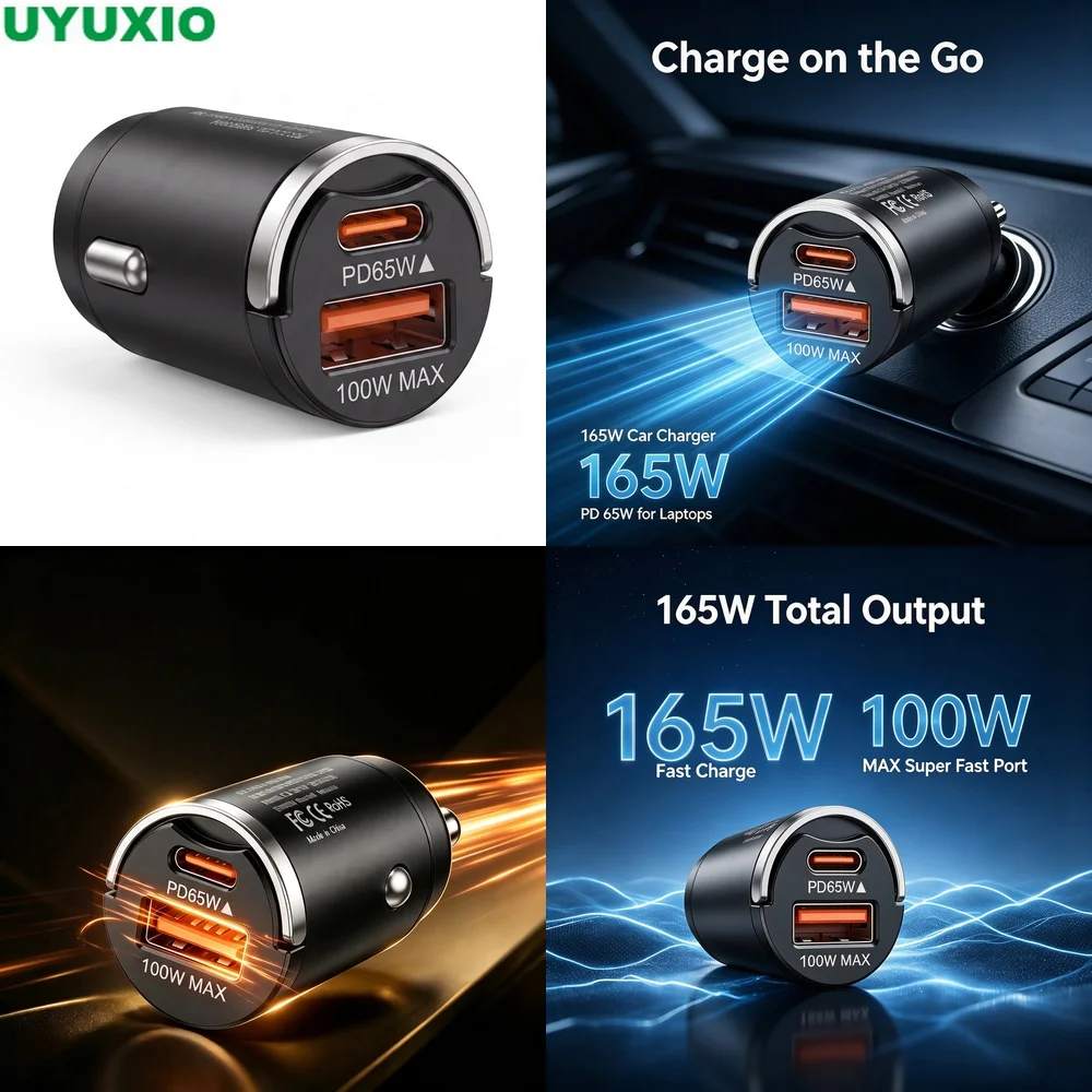 165W Fast Charging Car Charger Durable Zinc Alloy Mini Body with 65W USB C and 100W USB A Outputs for Multiple Mobile Devices