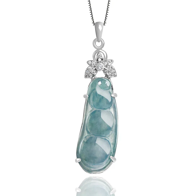 

Luxury A Jadeite Blue Water Lucky Bean Pendant S925 Silver Ice Jade Women's Jewelry Gift