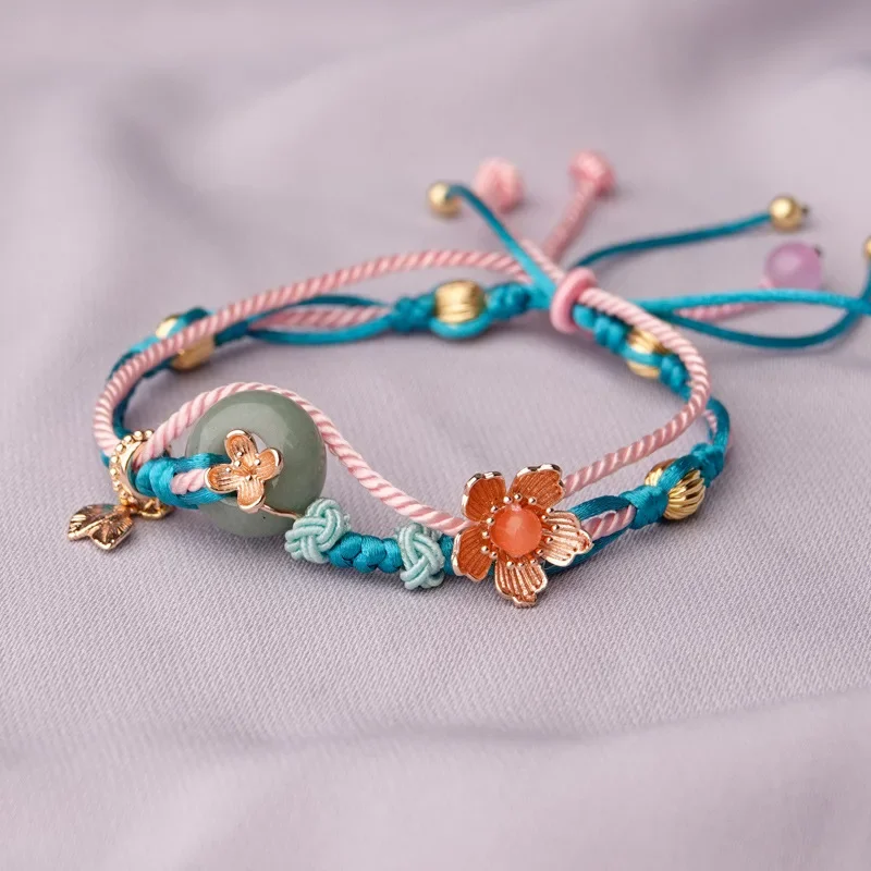 

New Hand-woven Peach Blossom Women's Vintage Design Hand Rope Colorful Mori Leaves Simple Ethnic Style Bracelet Girlfriend Gift