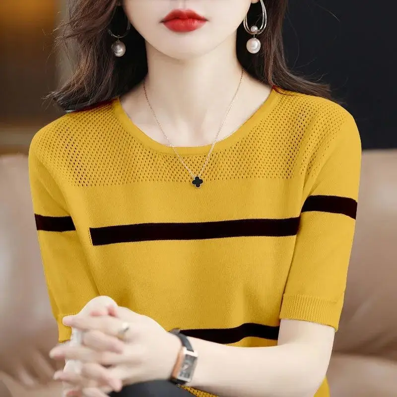 Blusa holgada de punto con cuello redondo para mujer, jerseys informales de manga corta, ropa de viaje para verano, 2023