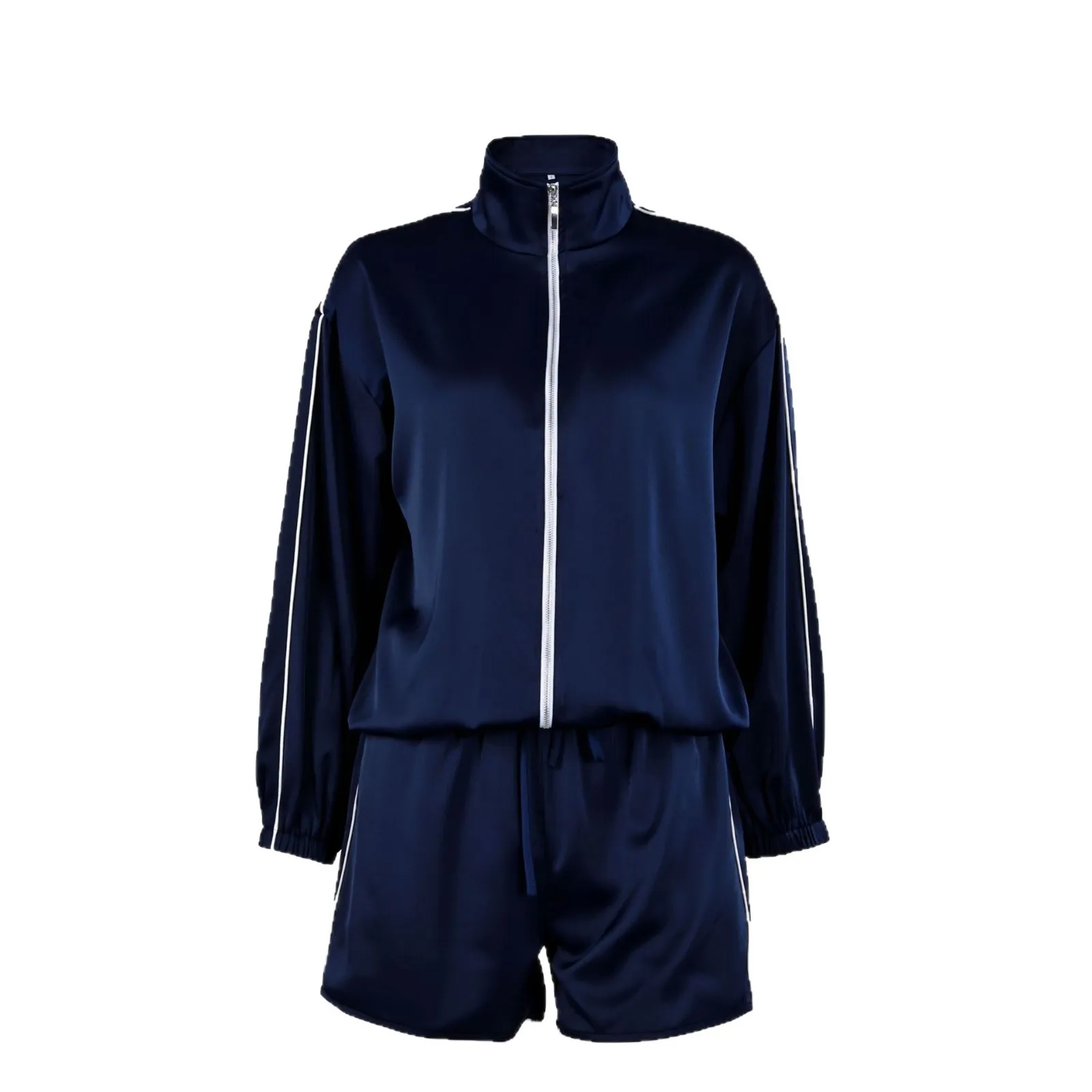 Color Block Nylon Mesh Stand Collar Zip Up Jacket Long Sleeve Elastic Waist Shorts 2026 Summer Women Causal Fahion Two‐Piece Set