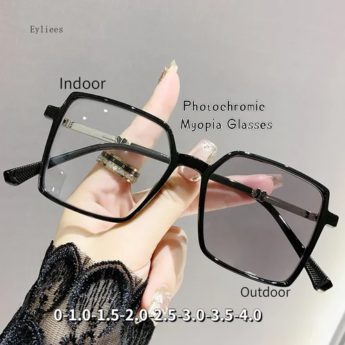 Gafas fotocromáticas cuadradas para miopía, gafas para miopía de gran tamaño a la moda para mujer, gafas ópticas de visión corta con acabado, dioptrías