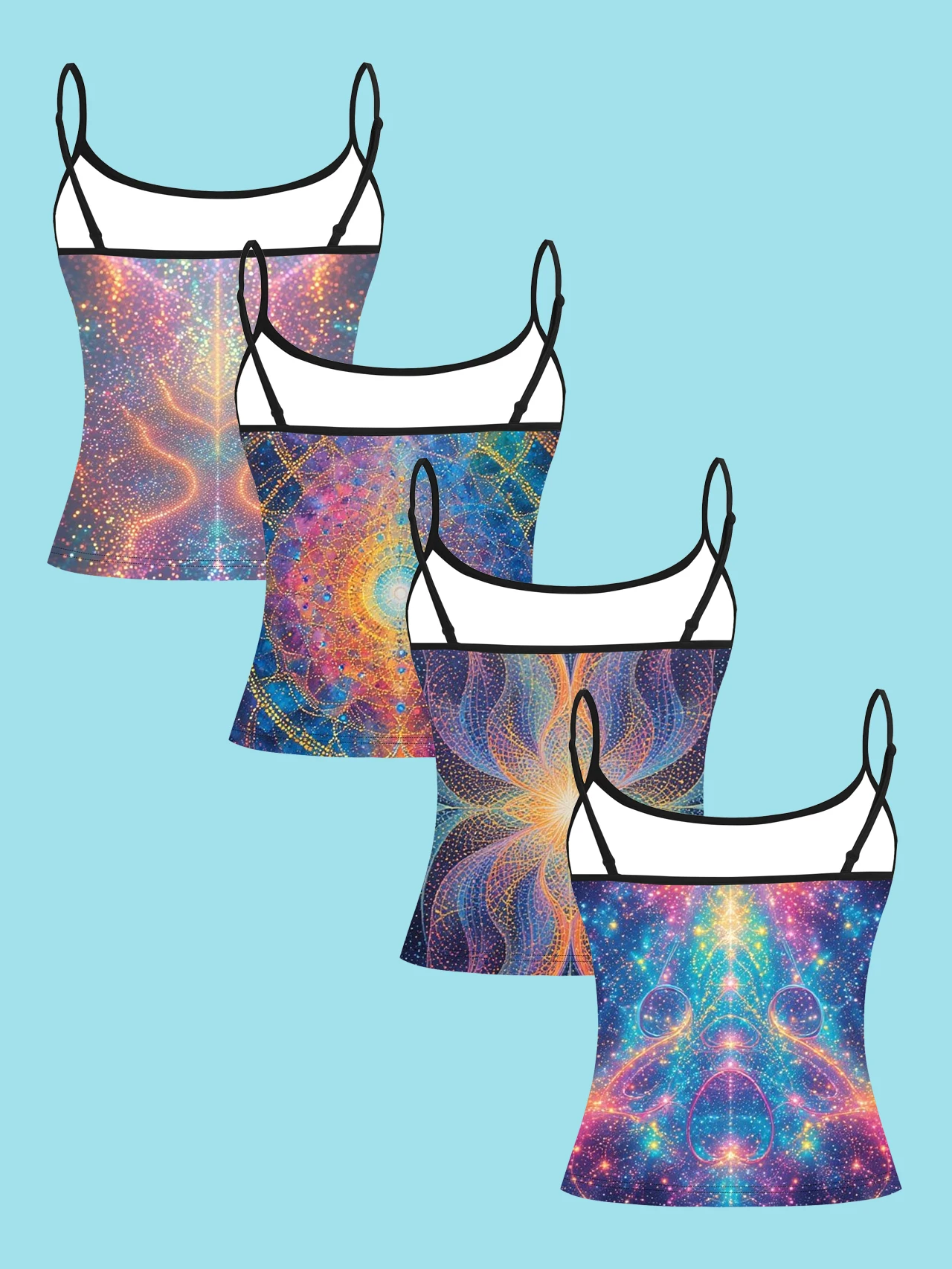 4-Piece Set of Women's Spaghetti Strap Camisoles with Dreamy Cosmic Mandala Starry Sky All-Over Print, Slim-Fit Sleeveless Tops, Psychedelic Art Style Outerwear and Inner Layering Shirts