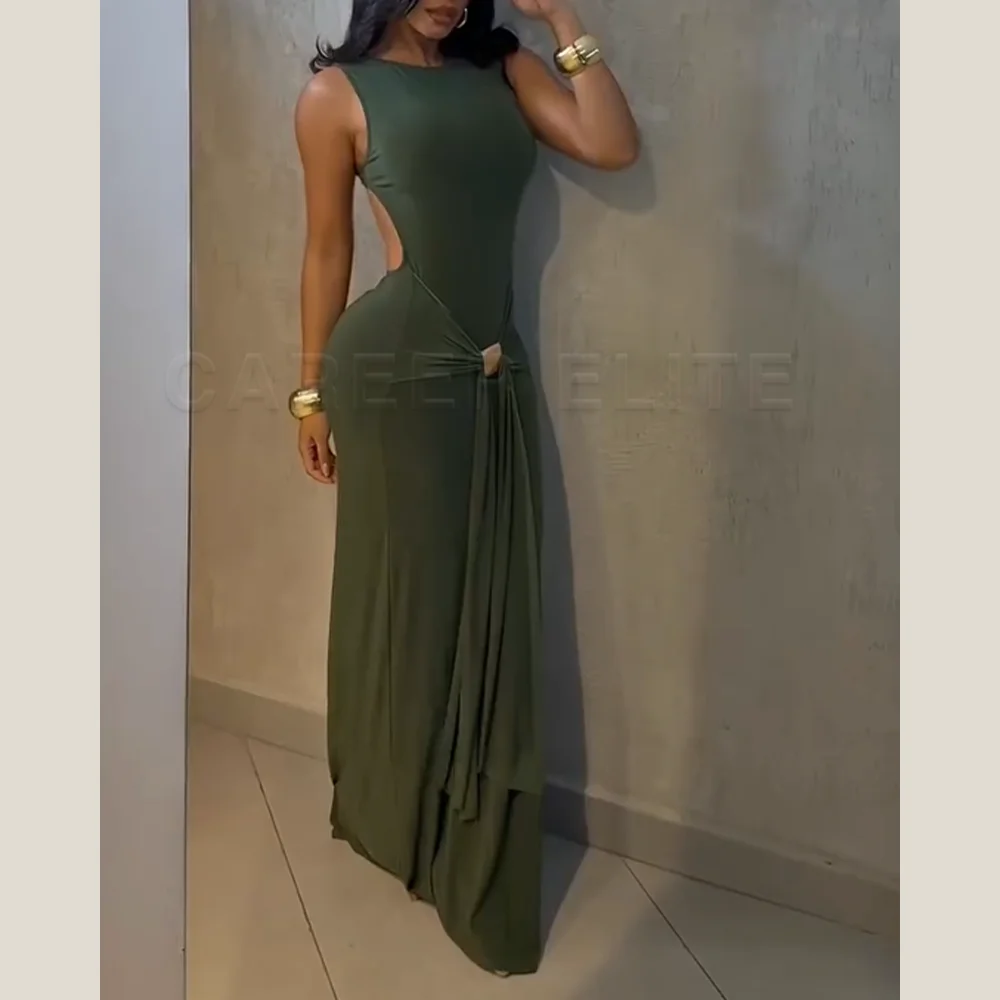 Robe longue bordeaux sans manches pour femmes, découpe sur le côté, avec nœud d'accent doré, moulante, ourlet sirène, robe de soirée pour fêtes formelles