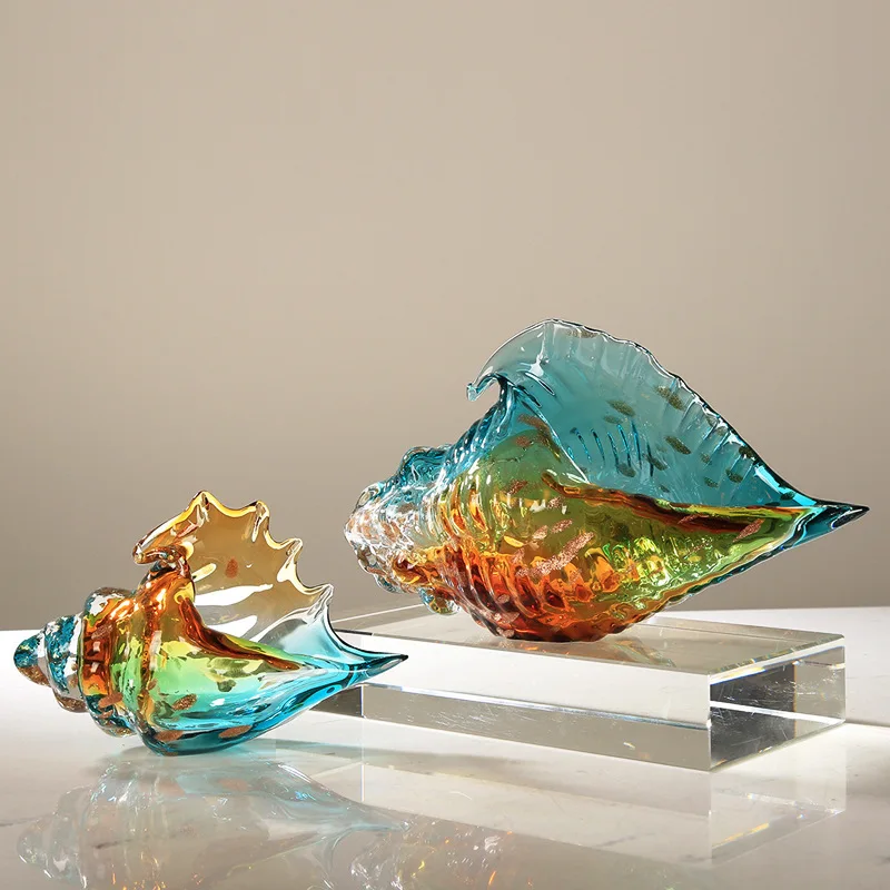 Colorful Glazed Glass Conch Ornament Modern Minimalist Decor for Living Room Wine Cabinet Office Desktop Home Art Decor Craft